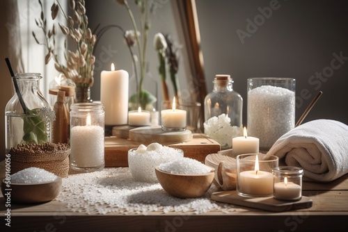 Rustic White Wooden Spa Table with Natural Treatment Items  Generative AI