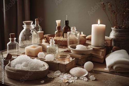 Rustic White Wooden Spa Table with Natural Treatment Items, Generative AI