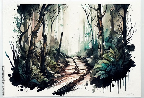 a quiet forest path abstract watercolor illustration. Generative AI