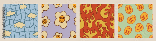 1970 Funky Pattern Pack. Groovy Daisy, Flame, Smile, Clouds in Retro Vintage Palette. Hippie Aesthetic. Hand-Drawn Vector Illustration, Cartoon Design. Kids Graphic, T-Shirt, Cover or Sticker. 