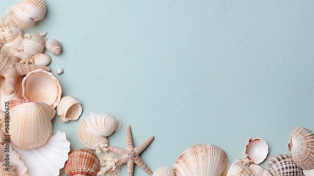 Copyspace background with summer seashell decor. Wallpaper template created using generative AI Tools.