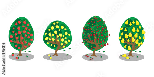 vector illustrtion fruit garden - apple, lemon, cherry and pear trees
