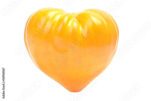 Yellow tomato in the form of a heart on a white background