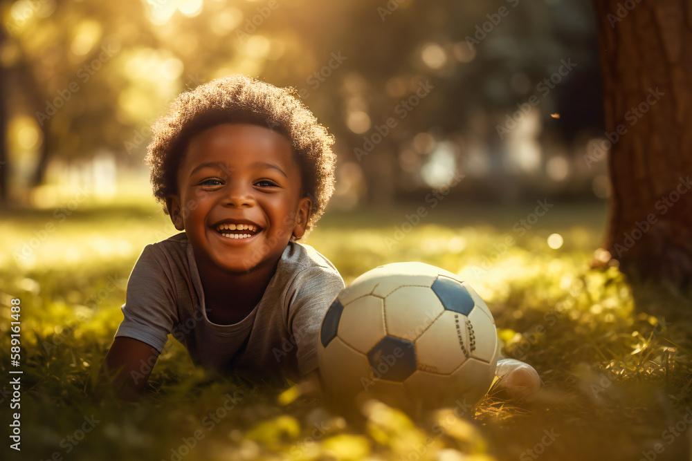 A happy small child playing with a ball in a sunny meadow. Created with Generative AI technology. A happy small child playing with a ball in a sunny meadow. Created with Generative AI technology.