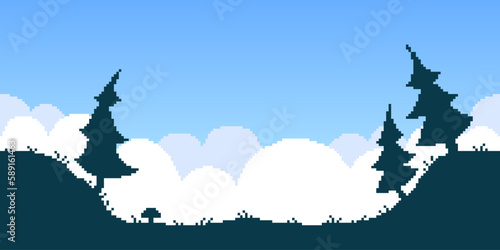 Colorful simple vector pixel art horizontal illustration of landscape of a ravine with fir trees and a mushroom on a background of white clouds in the style of a retro platformer