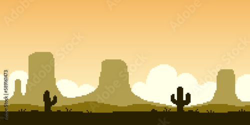 Colorful simple vector pixel art horizontal illustration of landscape of the Great American Desert with rocks and cacti in retro platformer style