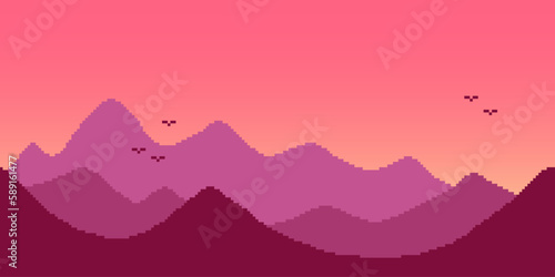 Fototapeta Naklejka Na Ścianę i Meble -  Colorful simple vector pixel art horizontal illustration of red sky evening mountain landscape with birds in retro platformer style
