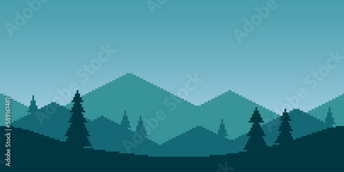 Colorful simple vector pixel art horizontal illustration of morning mountain landscape with fir trees in retro platformer style