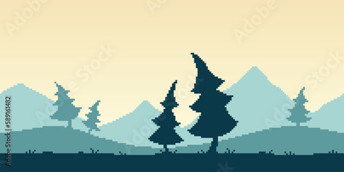Colorful simple vector pixel art horizontal illustration of morning mountain landscape with fir trees in retro platformer style