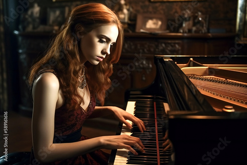A young woman in a long black dress playing piano. Gothic illustration. Created with Generative AI technology.
