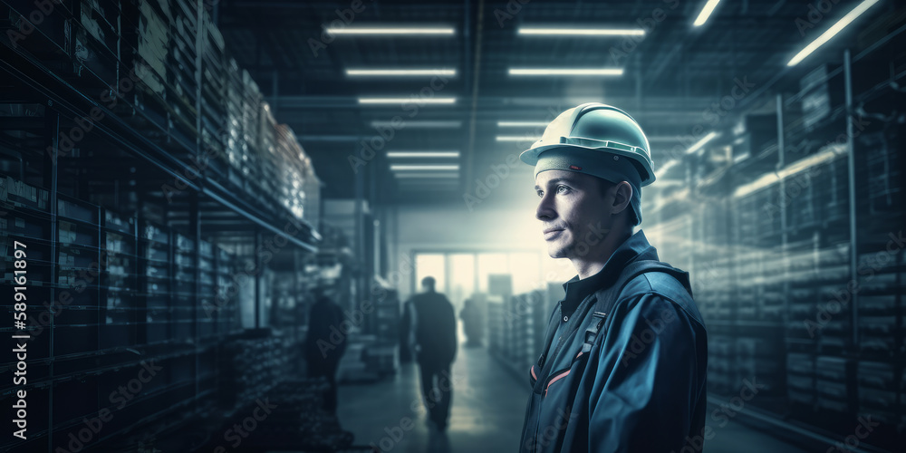 Efficient Warehouse Worker on Bright Factory Background. Generative AI Efficient Warehouse Worker on Bright Factory Background. Generative AI