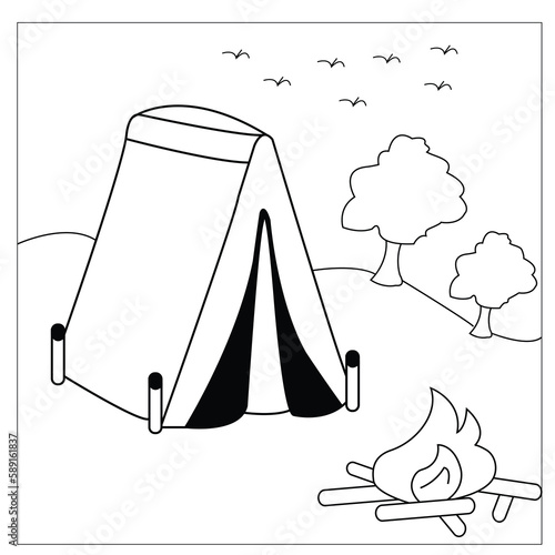 Vector Camping Coloring Page For Kids-Tent Stock Illustrations Camping Activities