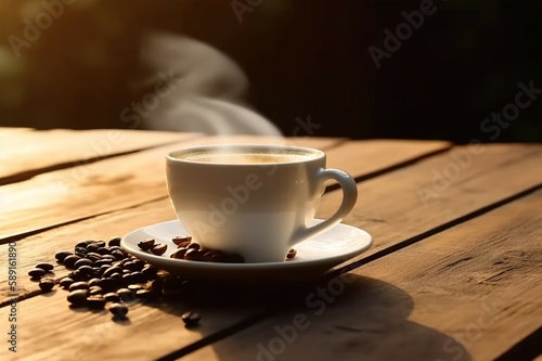 photograph Coffee cups decorated with coffee beans are placed on an old wooden floor in a room with sunlight shining from the window. AI-generated images