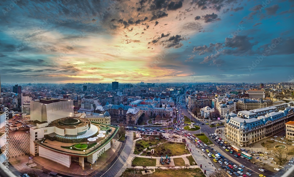 Fototapeta premium Bucharest panorama with beautiful sky, Romania