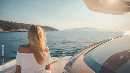 view from behind woman relaxing on a luxury boat, ai generative