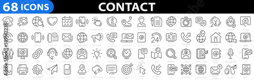 Contact 68 icon set. Chat, support, message, phone, e-mail, phone, address, customer service, call, website and more. Contact Us web icons. Vector illustration
