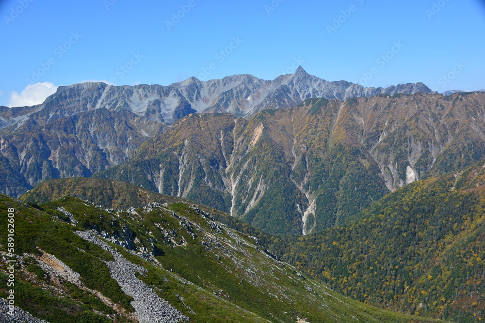 常念岳から望む紅葉の槍ヶ岳 常念岳から望む紅葉の槍ヶ岳