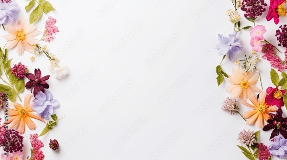 Copyspace background with spring decor. Wallpaper template created using generative AI Tools.