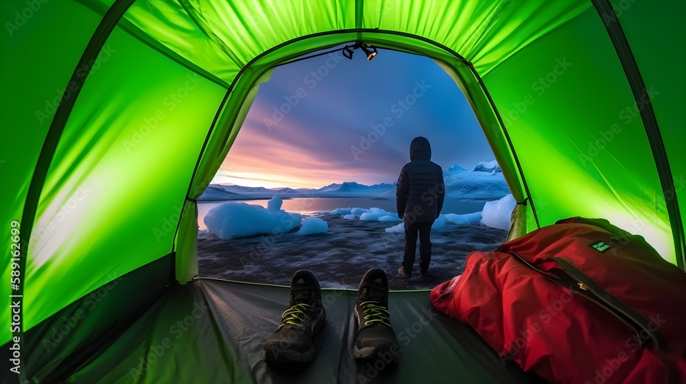 Inside a cozy camping tent in iceland with polar lights view - Generative AI 