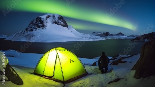 Camping in the mountains in iceland at night with polar lights view - Generative AI  © Anton