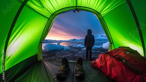 Inside a cozy camping tent in iceland with polar lights view - Generative AI 