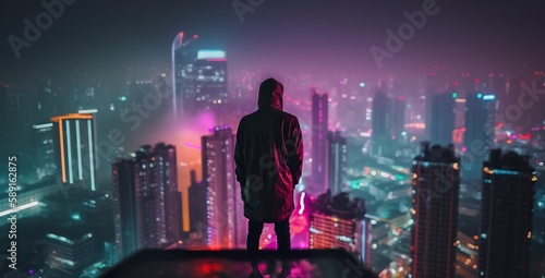 A man in a futuristic hooded jacket stands on top of a skyscraper on a blurred cyberpunk city panorama background with bright neon lights. Photorealistic Generative AI illustration.