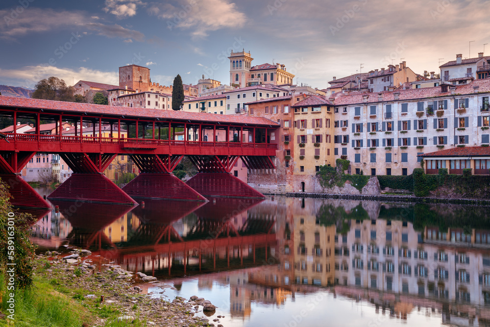 Bassano del Grappa, Italy. Cityscape image of Bassano del Grappa located in the Vicenza Province, in northern Italy’s Veneto region at sunrise.