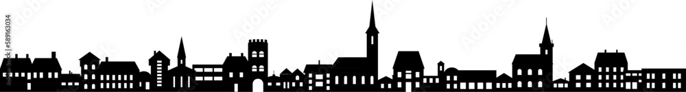Vetor de Town skyline silhouette. Small city houses, factory buildings ...