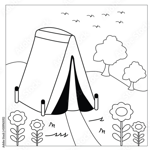 Vector Camping Coloring Page For Kids-Tent Stock Illustrations Camping Activities