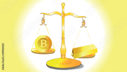 The scales weigh gold bullion and bitcoin. Which is now more lucrative in the world of economics.
