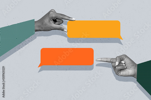 Magazine template collage of two people having social network conversation sending speech bubble letters