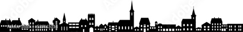 Town skyline silhouette. Small city houses, factory buildings, old church roofs, simple residental neighborhood vector flat scene.