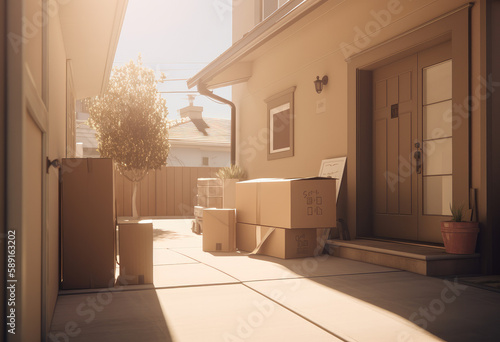 Delivery of parcels by courier. The packages are at the door of the house. ai genertive