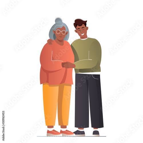 Family portrait of old mother and adult son together. Young man hugs and care of his elderly mother. Son helps to his senior parent. Concept of support, protection for old person. Vector illustration