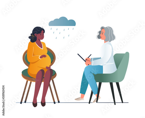 Pregnant woman in depression receives support from counselor. Pregnant woman visited childbirth or psychology support courses vector illustration. Psychologist speaking about pregnancy and maternity
