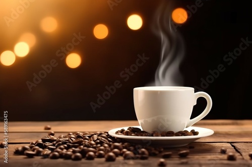 A close-up of a coffee cup with smoke decorated with coffee beans placed on a wooden table or plank with a golden blur backdrop. AI-generated images