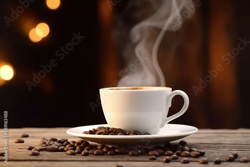 A close-up of a coffee cup with smoke decorated with coffee beans placed on a wooden table or plank with a golden blur backdrop. AI-generated images