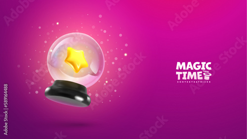 Glossy magical crystal ball vector cartoon illustration. Magic ball with glowing star inside on purple background. Astrology prediction fairytale banner template.