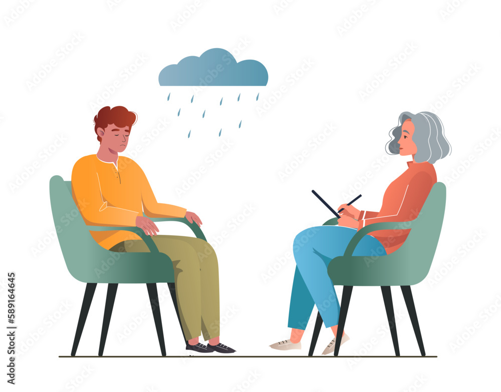 Psychologist listening to patient at mental therapy session. Person talking to psychotherapist. Private psychology, psychotherapy help concept. Vector illustration isolated on white background