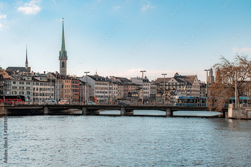 Zürich city old bridge in morning