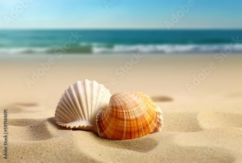A close-up of sea mollusks on the summer sand against a blurred backdrop of the sea and sky. AI-generated images © Komkit