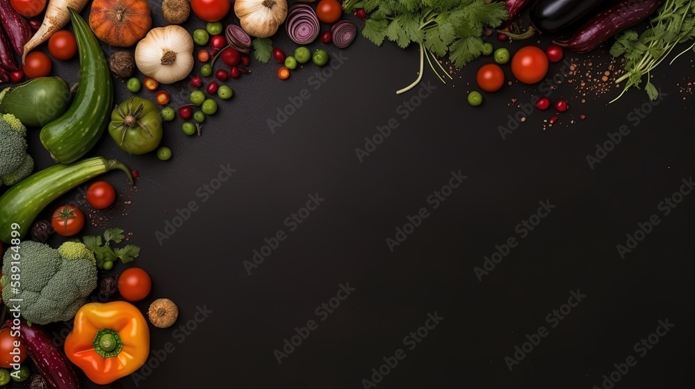 Copyspace background with vegetable decor. Wallpaper template created using generative AI Tools.