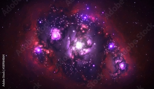 Astro photo, space star cluster, purple nebula, constellation, stars in space. Generative AI.