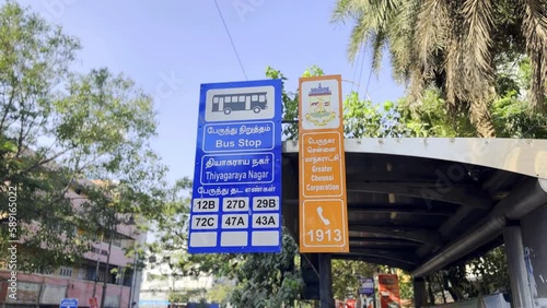 CHENNAI, TAMIL NADU, INDIA - FEB 2023 - MTC Bus Stop at Tyagaraja Nagar. A typical bus stop in Chennai with names of the bus numbers that stops at the Bus Stop