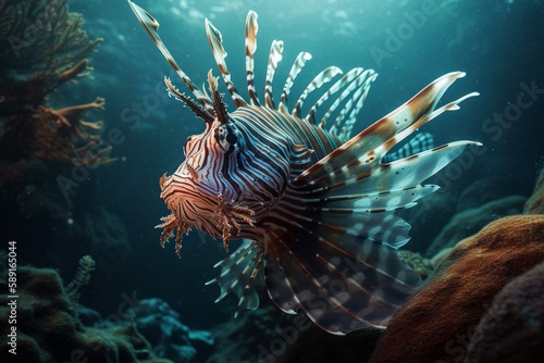 Illustration of a colourful tropical lionfish swimming in a coral reef created with Generative AI technology