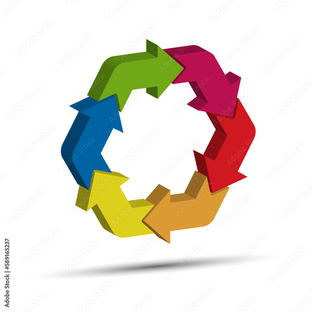 Six looped colored volumetric arrows to illustrate a plan, strategy or business development Six looped colored volumetric arrows to illustrate a plan, strategy or business development