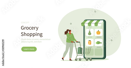 Grocery buying. Character pushing shopping cart and choosing different types of groceries on mobile phone screen. E-commerce concept. Vector illustration.
