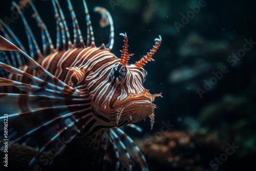 Illustration of a colourful tropical lionfish swimming in a coral reef created with Generative AI technology