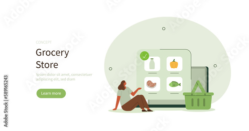 Grocery buying. Character choosing different types of groceries on laptop screen and put them to shopping basket. E-commerce concept. Vector illustration.
