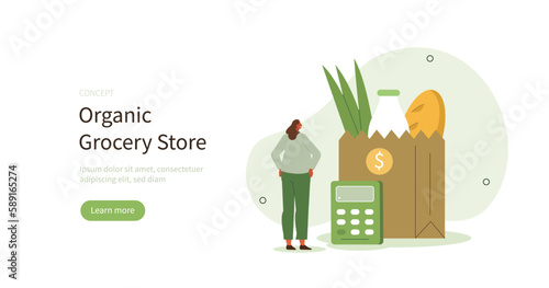 Healthy food bag. Character buying healthy organic groceries and saving money. Organic grocery store concept. Vector illustration.
